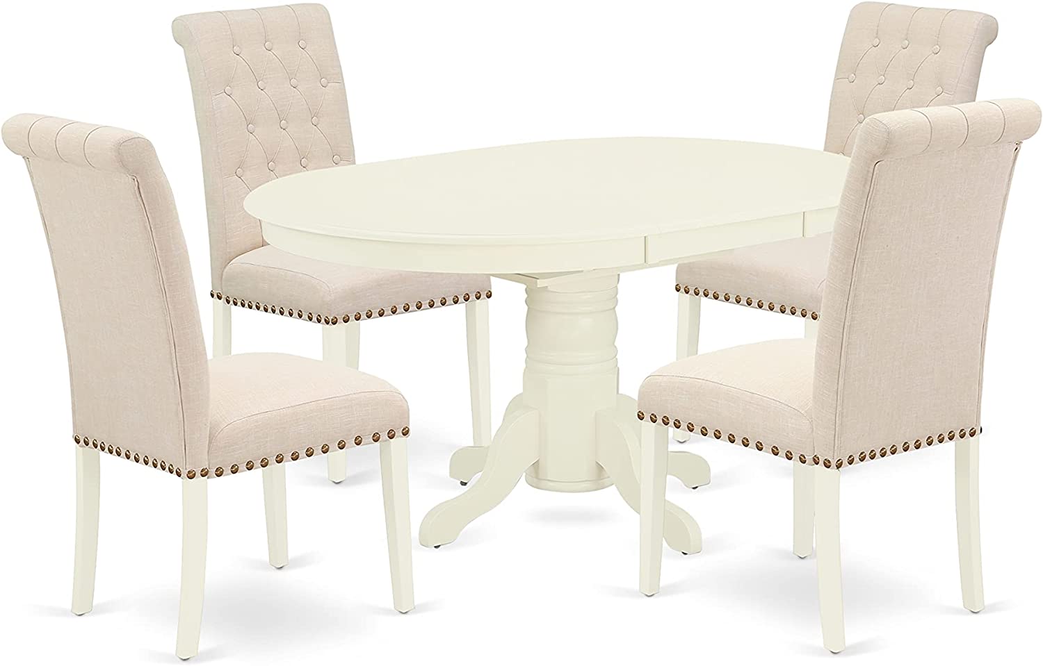 East West Furniture 5Pc Dining Set Includes an Oval Dinette Table with Butterfly Leaf and Four Parson Chairs with Light Beige Fabric, Linen White Finish