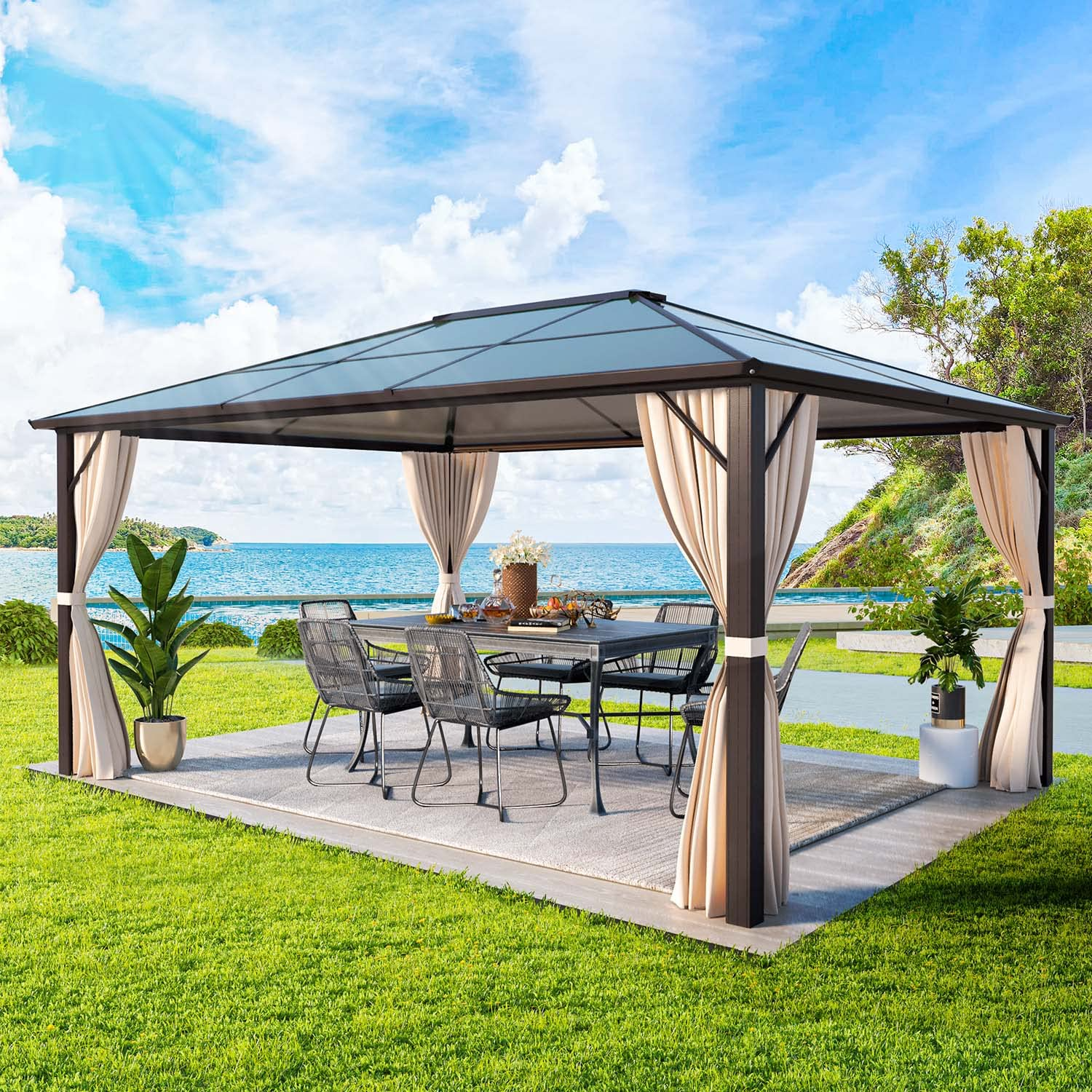 【Gazebo】10'x12' Outdoor Hardtop Polycarbonate Gazebo Canopy Curtains Aluminum Frame for Garden, Patio