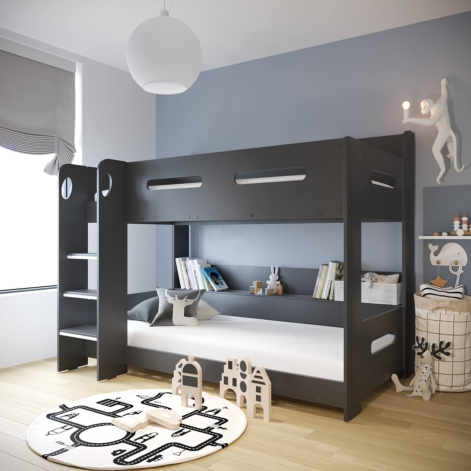 【Furniture】Dark Grey Bunk Bed with Storage Shelves - Ladder Can Be Fitted Either Side