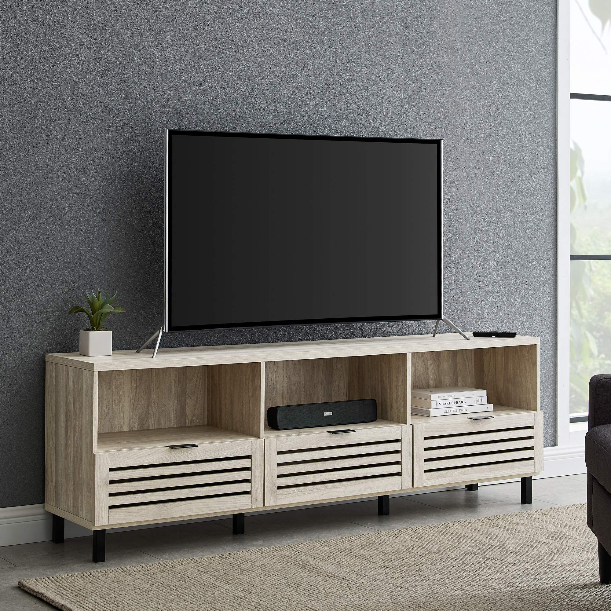 【Furniture】Modern Slatted Wood TV Stand for TV's up to 80