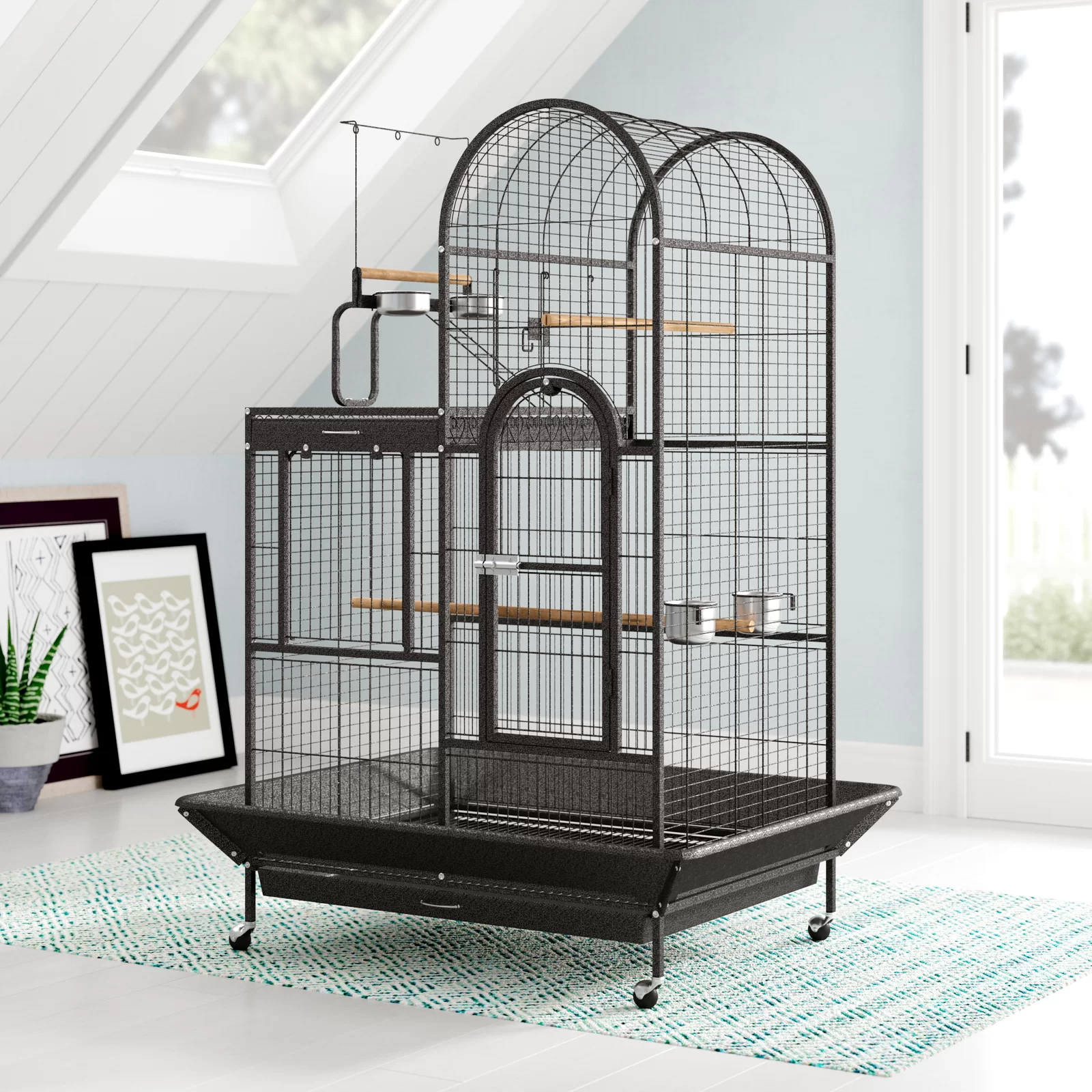 【Pet】Nickelson 66'' Steel Play Top Floor Bird Cage with Wheels