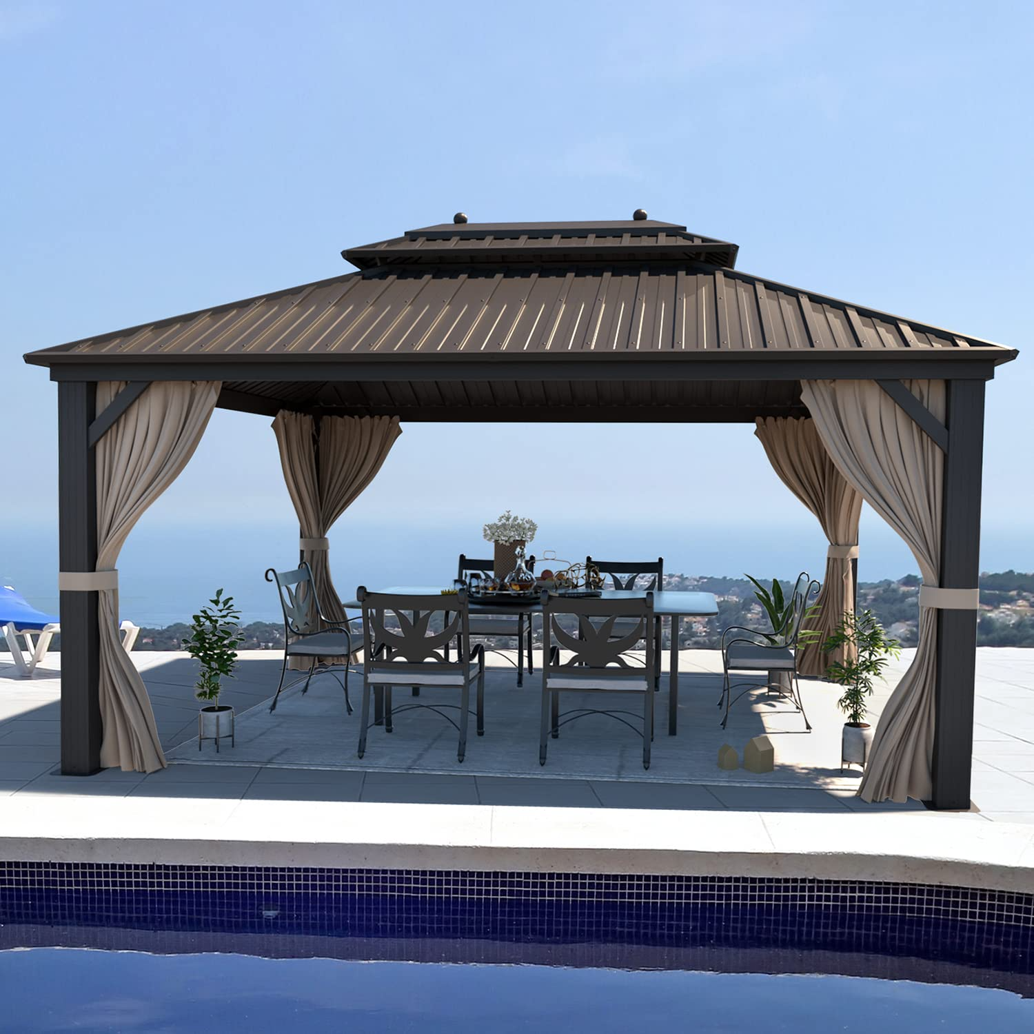 【Gazebo】10'x13' Hardtop Gazebo Galvanized Steel Outdoor Patio Gazebo Canopy Double Roof Pergolas