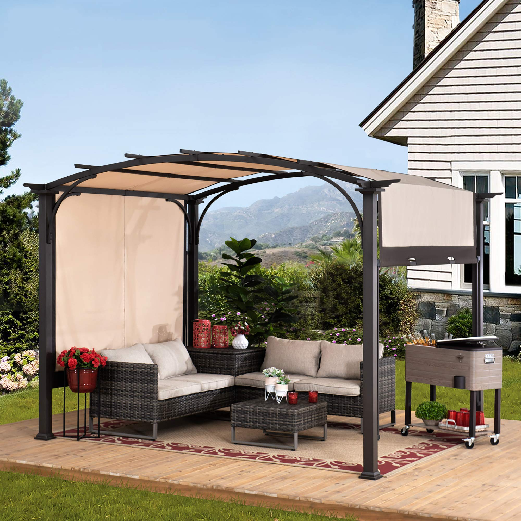 【Home&Garden】9.5x11 Steel Arched Pergola with 2-Tone Adjustable Shade, Tan & Brown