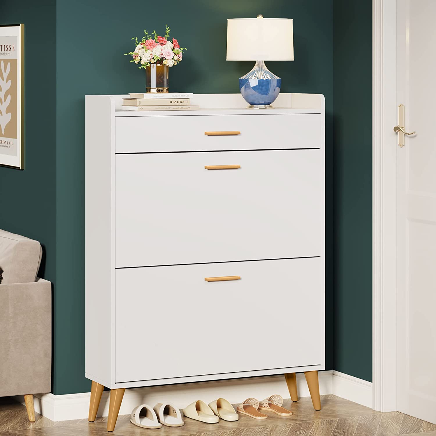 Tribesigns Shoe Cabinet, Entryway White Slim Shoe Storage Cabinet, Modern 16 Pair Thin Shoe Rack Organizer with 2 Flip Drawers (White + Gold)