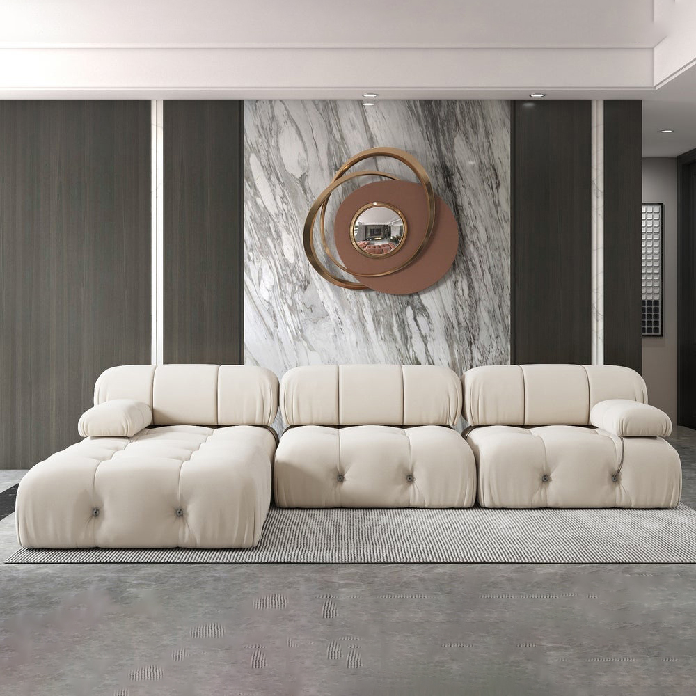 Modern Section Sofa, L-Shaped Sofa with Rolled Arm, Velvet, Beige, 138.58''