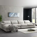 Shelby Wide Reversible Corner Sectional Sofa with Ottoman, White Feathers Padded, Linen Fabric