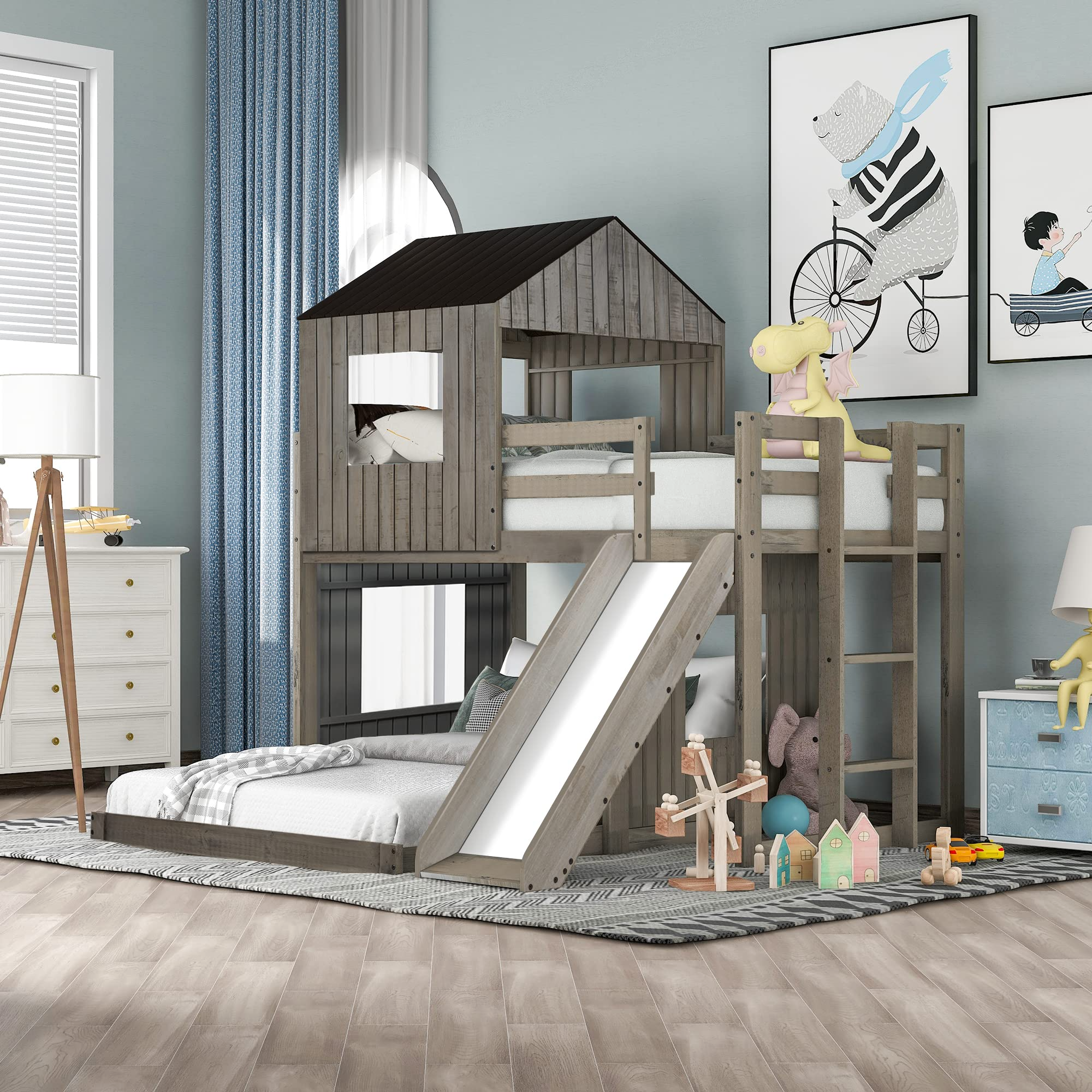 【Furniture】House Bed Bunk Beds with Slide, Wood Bunk Beds with Roof and Guard Rail for Kids, Toddlers