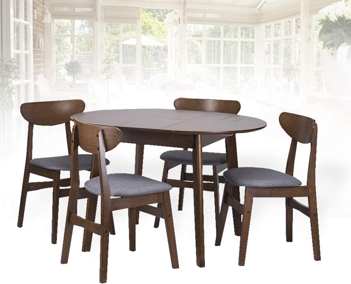 Dining Room Set of 4 Yumiko Chairs and Extendable Round Dining Table Kitchen Modern Solid Wood Medium Brown