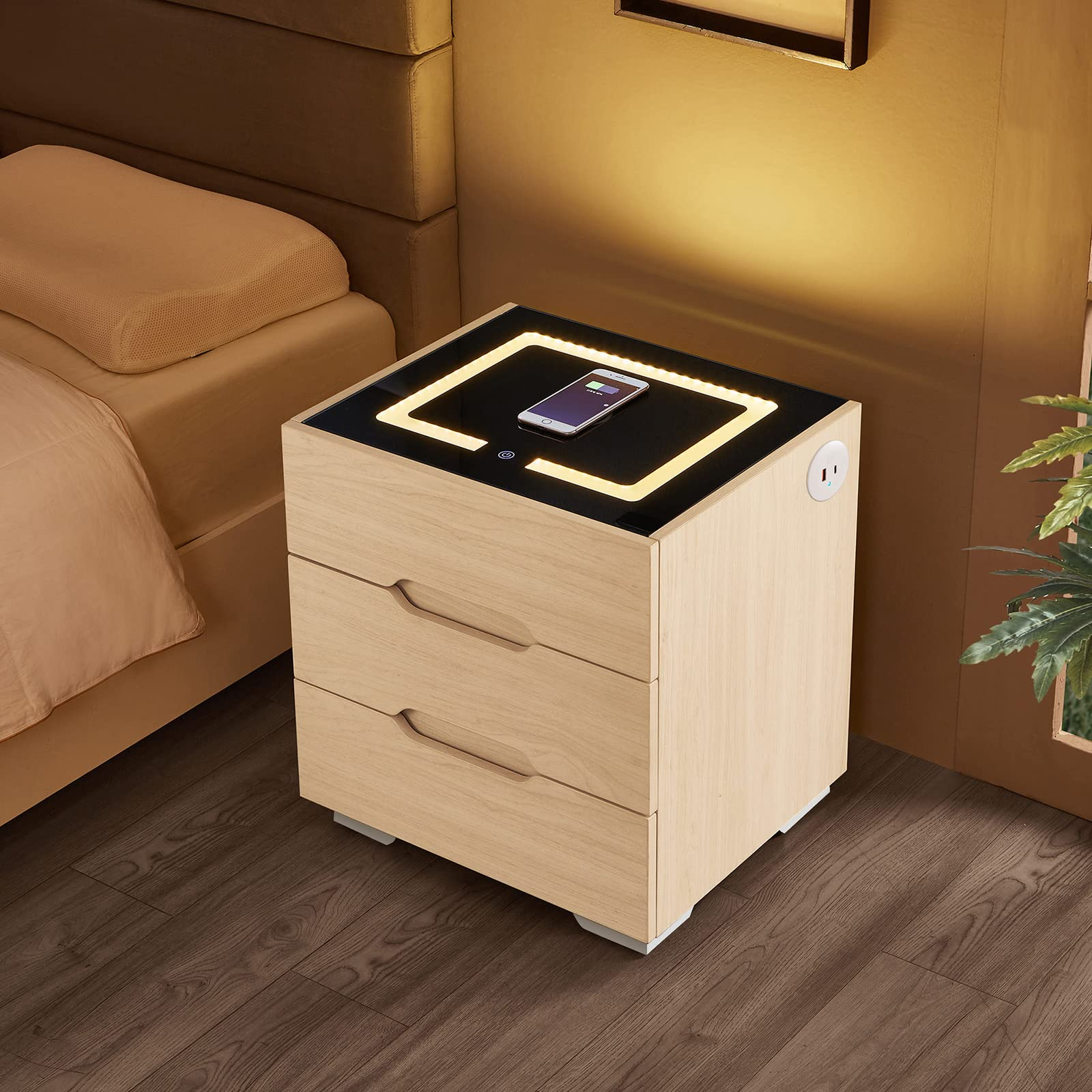【Furniture】Nightstands Wireless Charging Station and LED Lights, Modern End Side Table with 3 Drawer