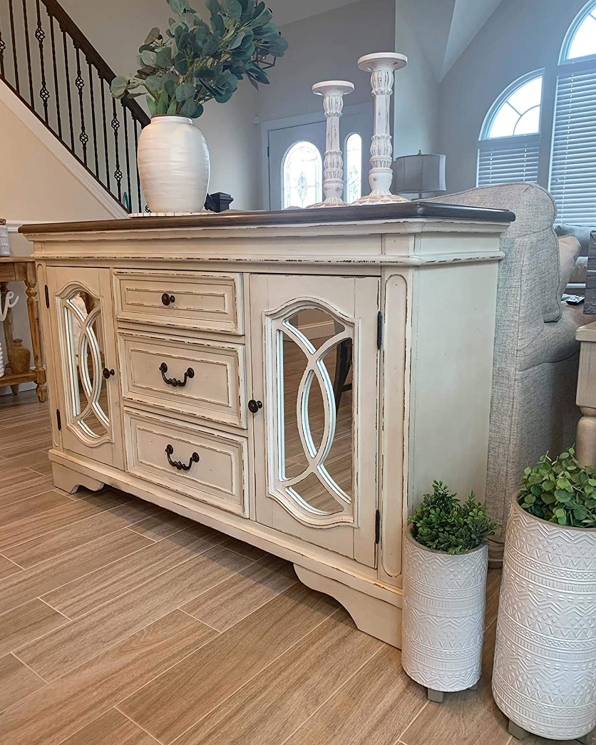 Signature Design by Ashley Realyn French Country Distressed -Dining Room Buffet or Server, Chipped White