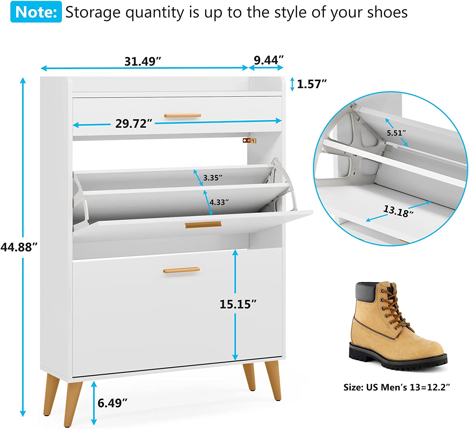 Tribesigns Shoe Cabinet, Entryway White Slim Shoe Storage Cabinet, Modern 16 Pair Thin Shoe Rack Organizer with 2 Flip Drawers (White + Gold)