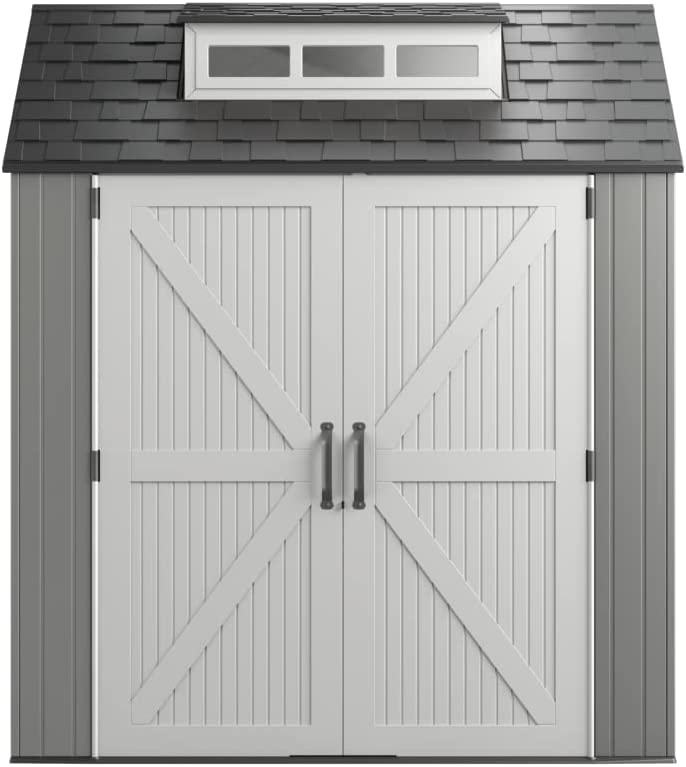 Rubbermaid Resin Weather Resistant Outdoor Storage Shed, 7 x 7 ft., Simple Gray/Onyx, for Garden/Backyard/Home/Pool