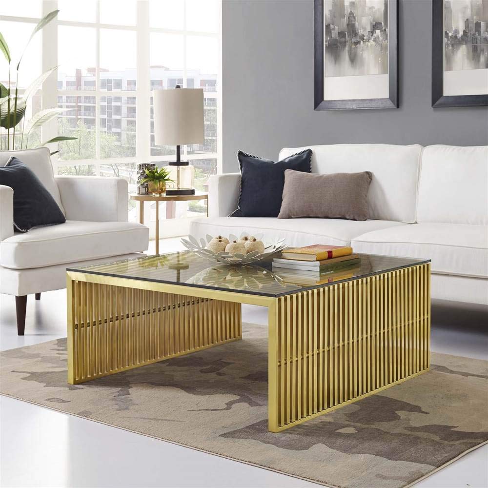 【Furniture】Gridiron Gold Contemporary Modern Stainless Steel Coffee Table With Tempered Glass Top