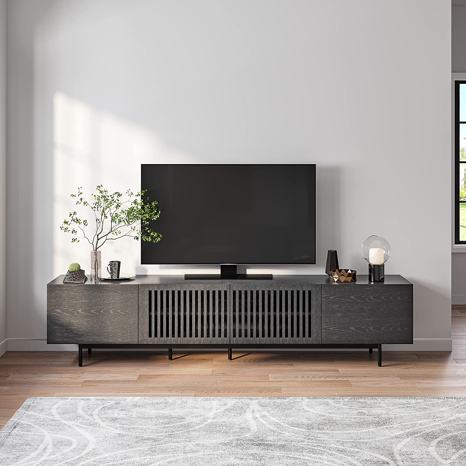 POVISON Modern Solid Wood TV Stand, Farmhouse Entertainment Center for 80 85 100 Inch TV, Slatted Media Console TV Cabinet with Tall-cast Metal Legs, Walnut Veneer, Fully-Assembled,