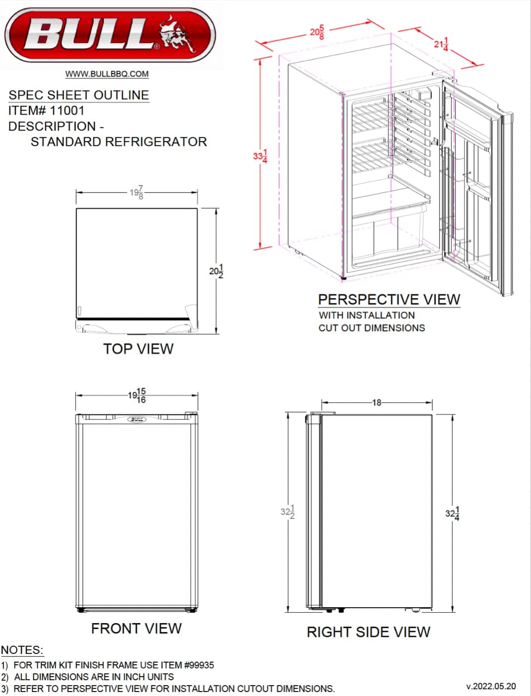 Bull Outdoor Products 11001 Stainless Steel Front Panel Refrigerator