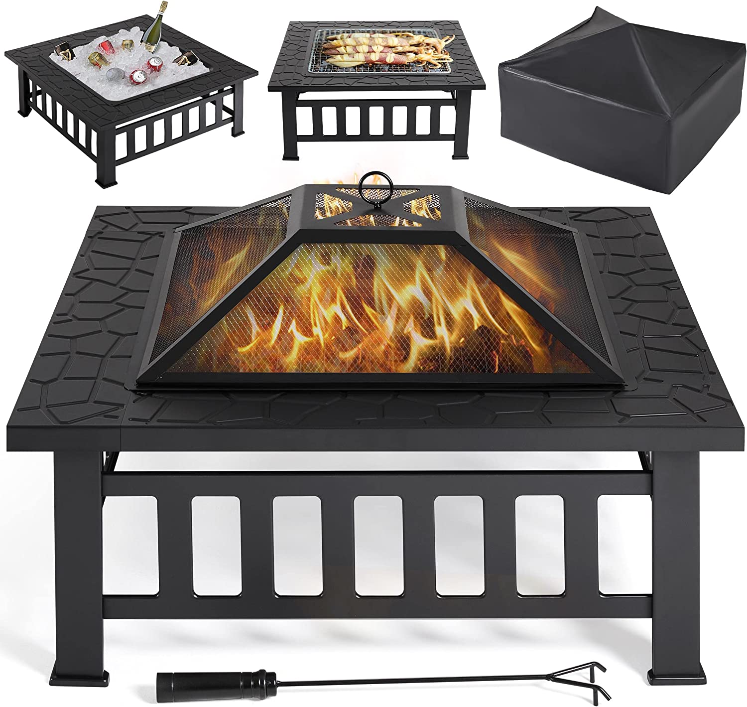 Yaheetech 34in Fire Pit Table Outdoor Fire Pits Square Steel Stove with Mesh Screen, Waterproof Cover & Poker for Outside Patio Bonfire Camping