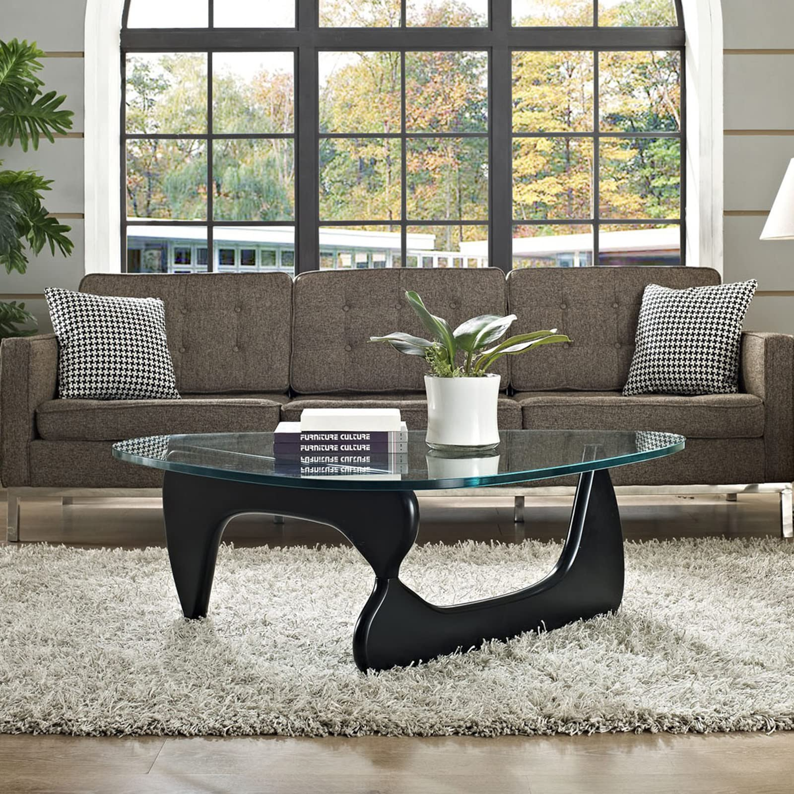 【Furniture】Noguchi Table Triangle Glass Coffee Table Vintage Glass End Table, Solid Wood Base & Glass Top