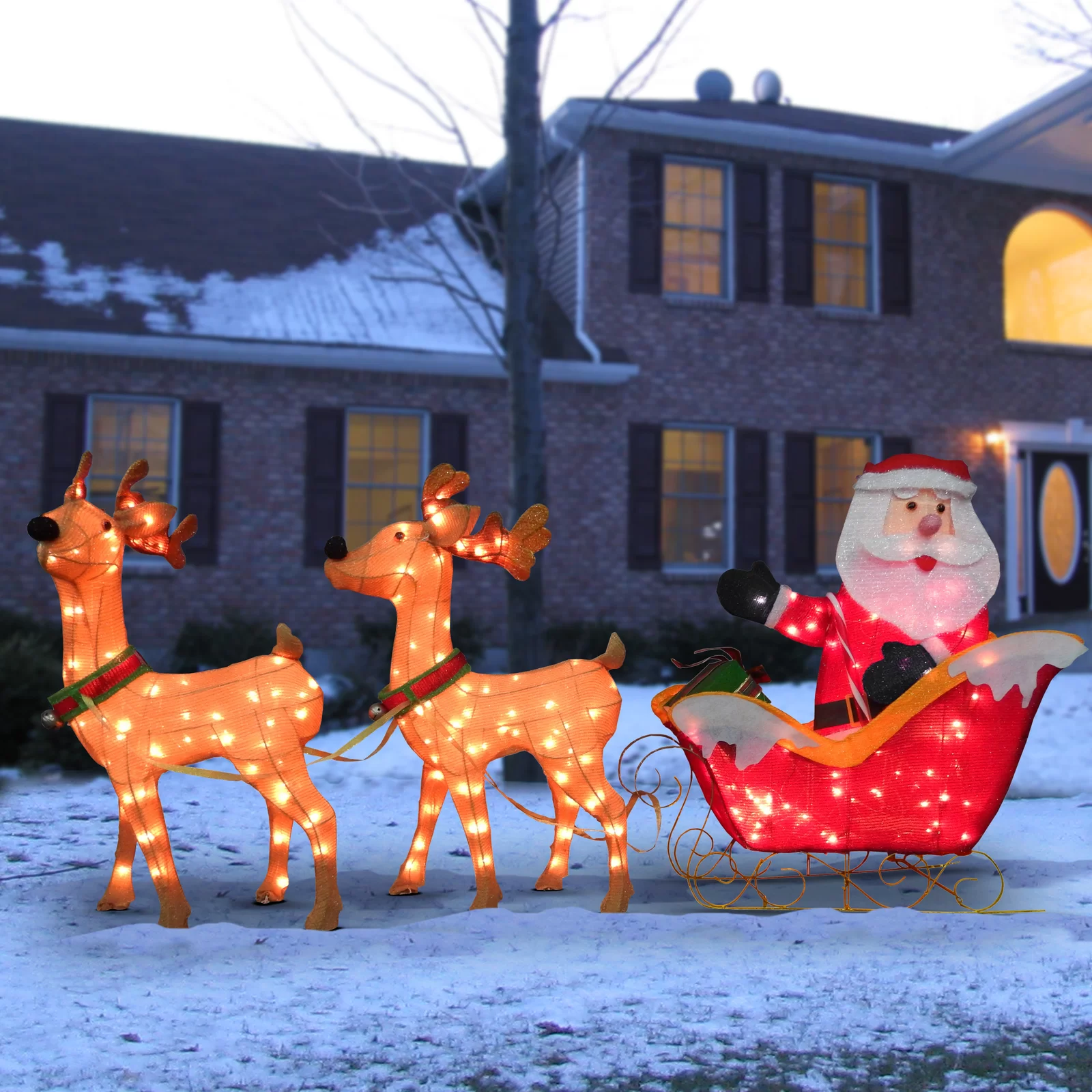 【Décor】Santa with 2 Deer Sleigh Christmas Decoration Lighted Display
