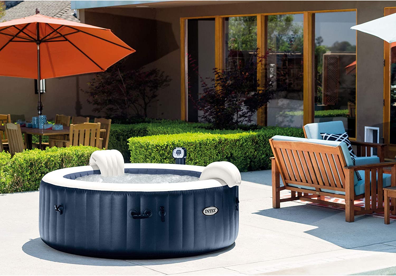 Intex 28409E PureSpa 6 Person Home Inflatable Portable Heated Round Hot Tub Spa 85-inch x 28-inch with 170 Bubble Jets and Built in Heat Pump, Blue