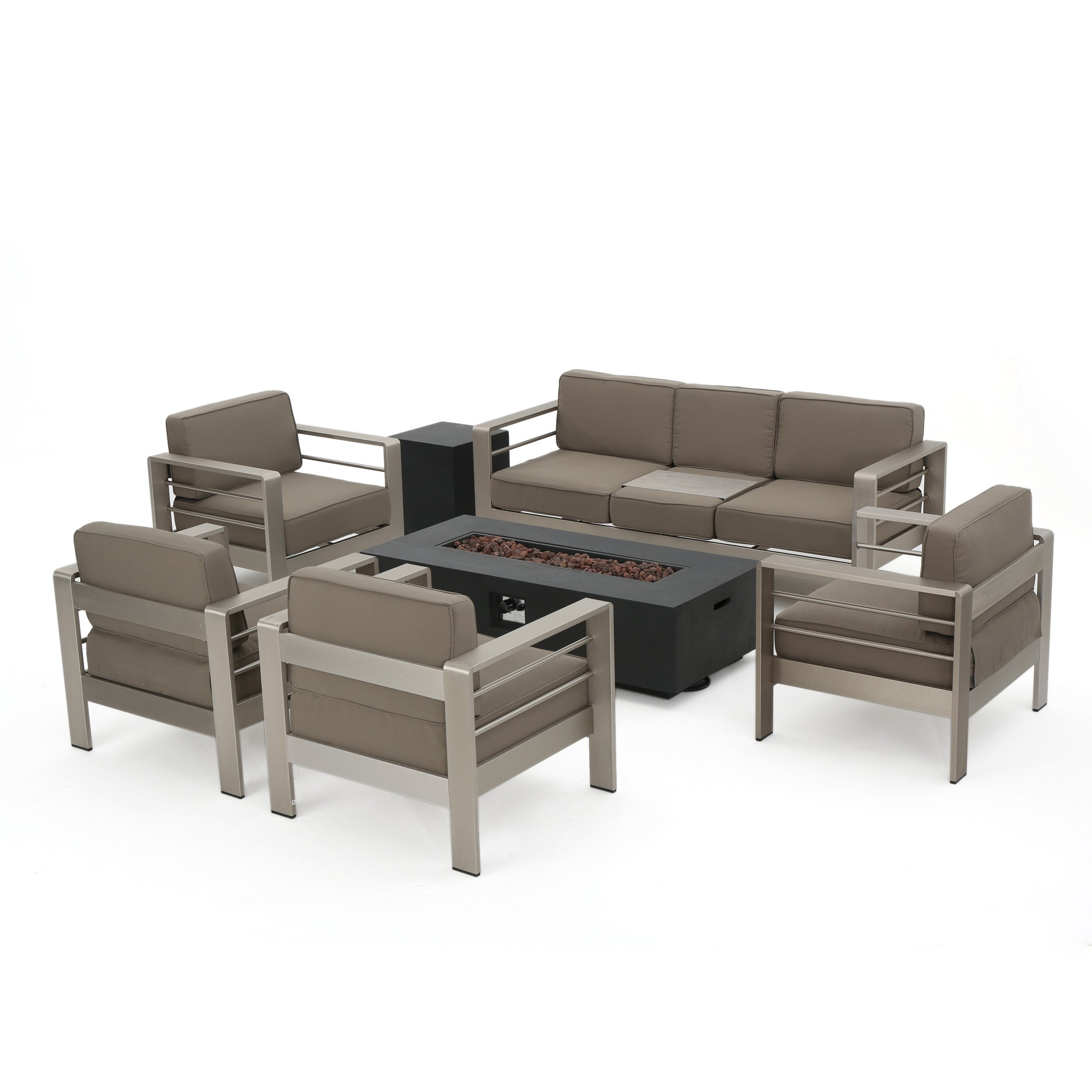【Furniture】Cape Coral Outdoor Set of Club Chairs with 3 Seater Loveseat and Firepit, 4-Pcs Set