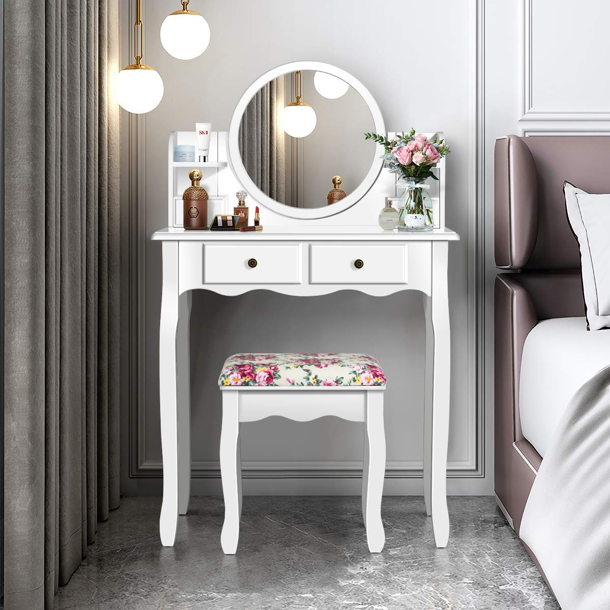 【Furniture】4 Storage Shelves and 4 Drawers, Makeup Table with 360° Pivoted Round Mirror