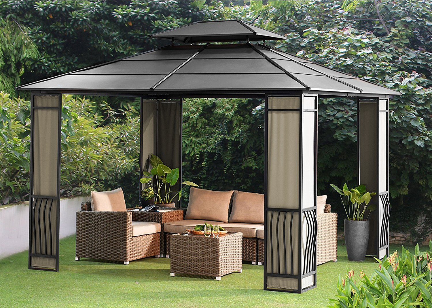 【Gazebo】10x12 Heavy Duty Galvanized Steel Hardtop Wyndham Patio Gazebo with Mosquito Netting