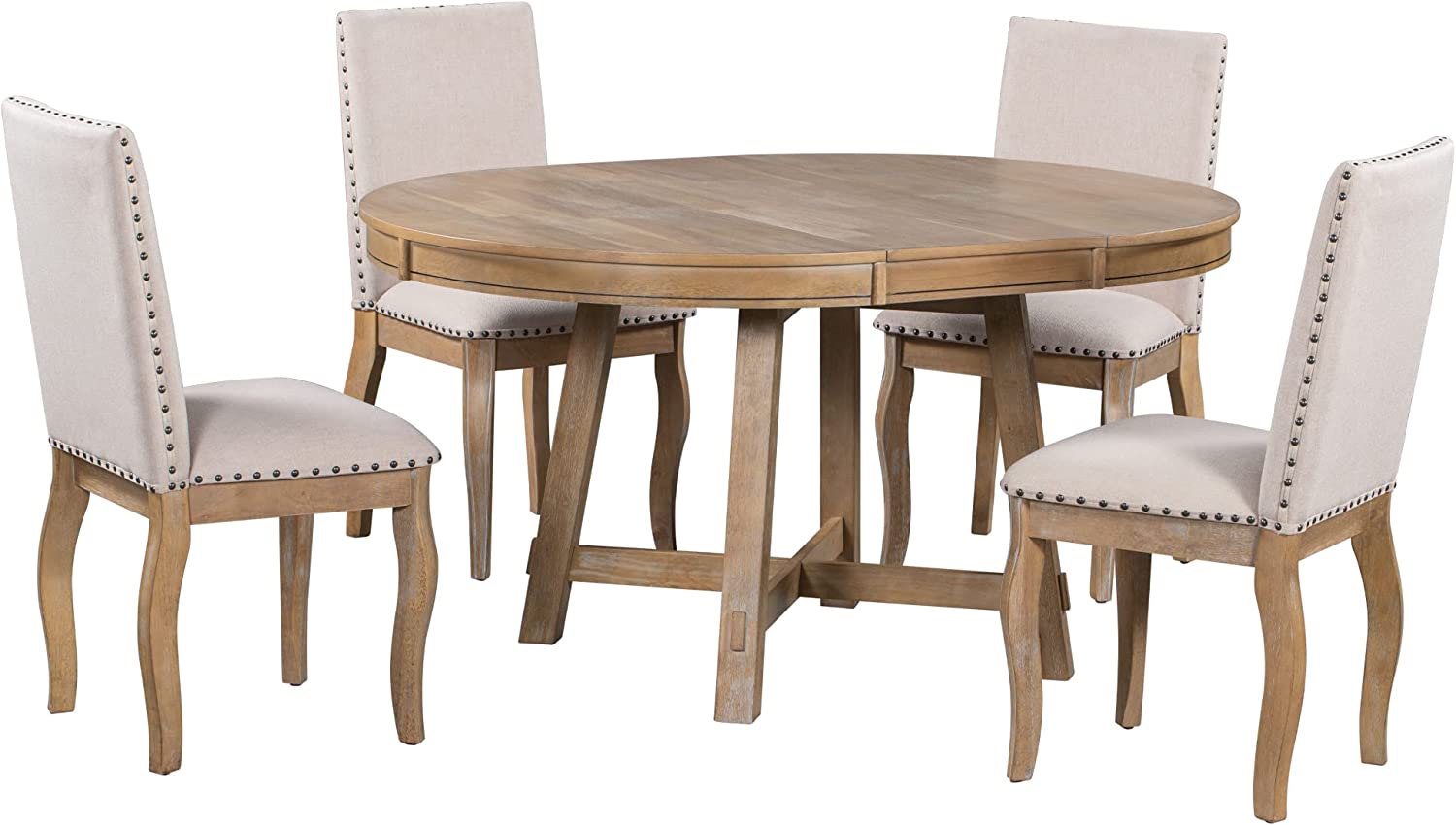 Merax 5-Piece Farmhouse Wooden Round Extendable Dining Table Set with 4 Upholstered Chairs, Family Kitchen Furniture, Natural_New