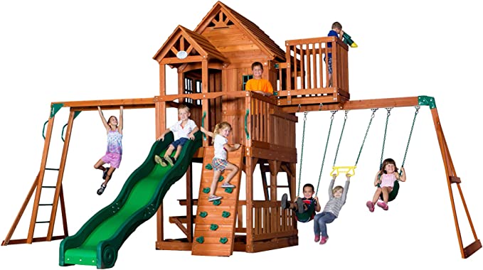 Backyard Discovery, Skyfort II Playground Cedar Wood Swing Set with Playhouse Fort, Sandbox, Picnic Table, Slide, Monkey Bars, Swings, Rock Climber, Outdoor Playset for kids Age 3-10 years