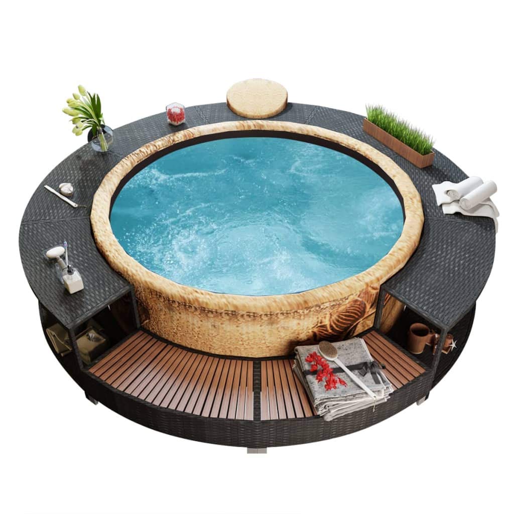 【Sports&Outdoors】Spa Surround Poly Rattan Black Outdoor Massage Hot Tub Frame for Garden, Backyard, Patio