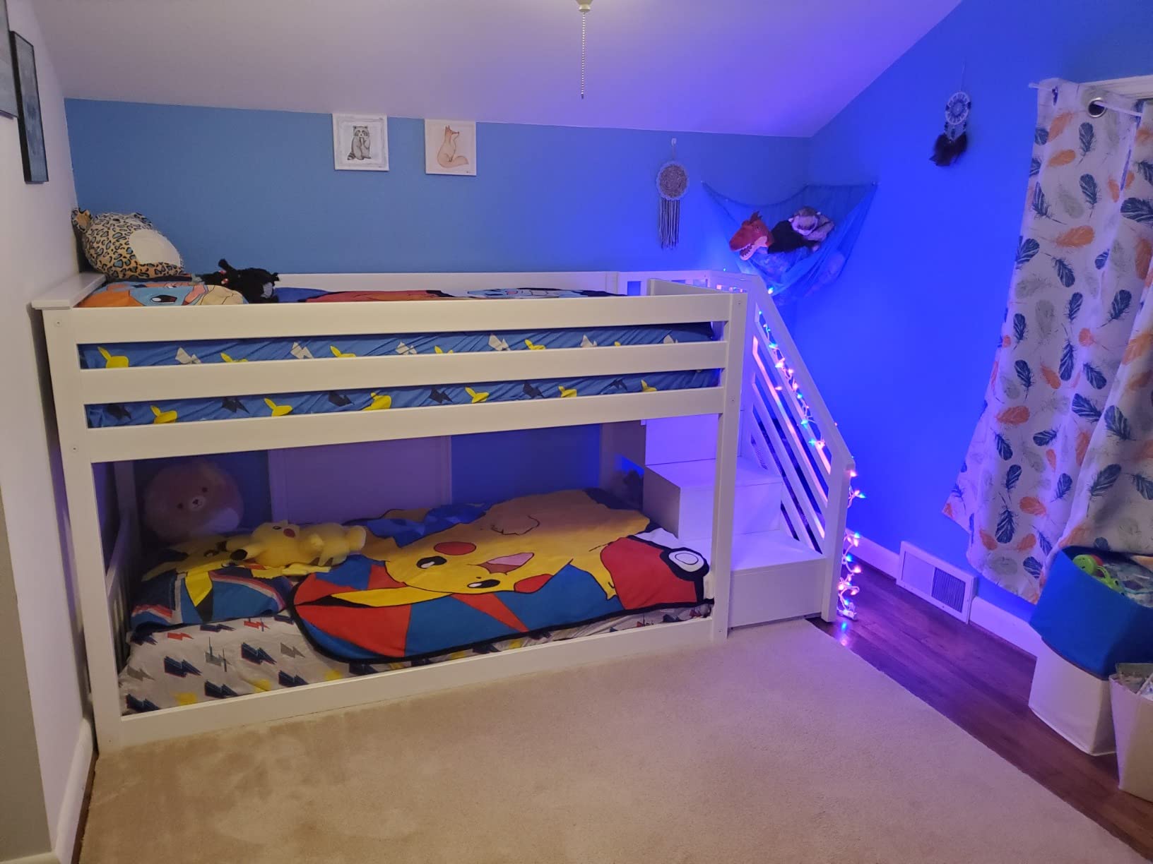 【Furniture】Low Bunk Bed, Twin-Over-Twin Bed Frame for Kids with Stairs & Slide, Clay
