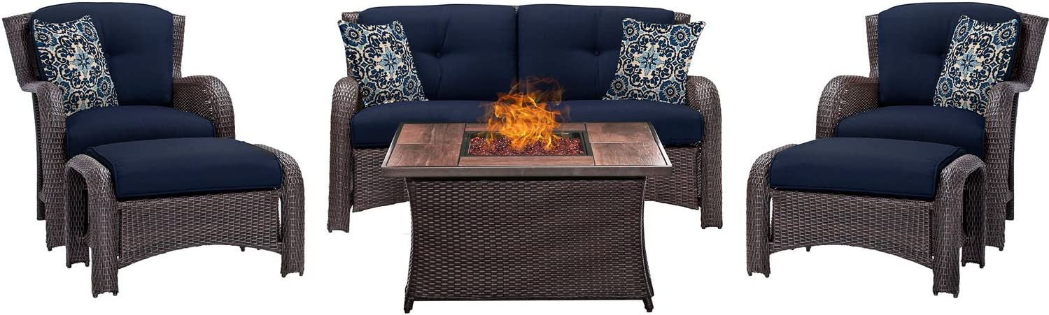 Hanover Strathmere 6-Piece Patio Conversation Set with Sofa, 2 Arm Chairs, 2 Ottomans, Accent Pillows and Tempered Glass-Top Coffee Table