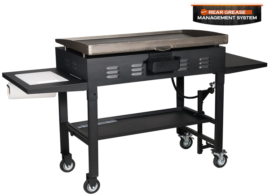 Blackstone 36-inch Cooking Station 4 Burner Propane fuel Restaurant Grade Professional 36-inch outdoor flat top gas grill pan with built-in cutting board, trash rack and side rack (1825), black