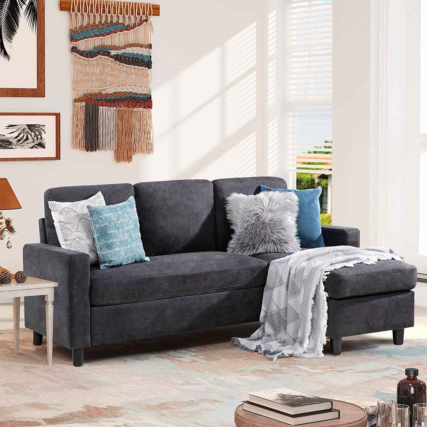 Shintenchi Convertible Sectional Sofa Couch, Modern Linen Fabric L-Shaped , 3-Seat Sofa Sectional with Reversible Chaise for Living Room, Apartment and Small Space (Dark Grey)