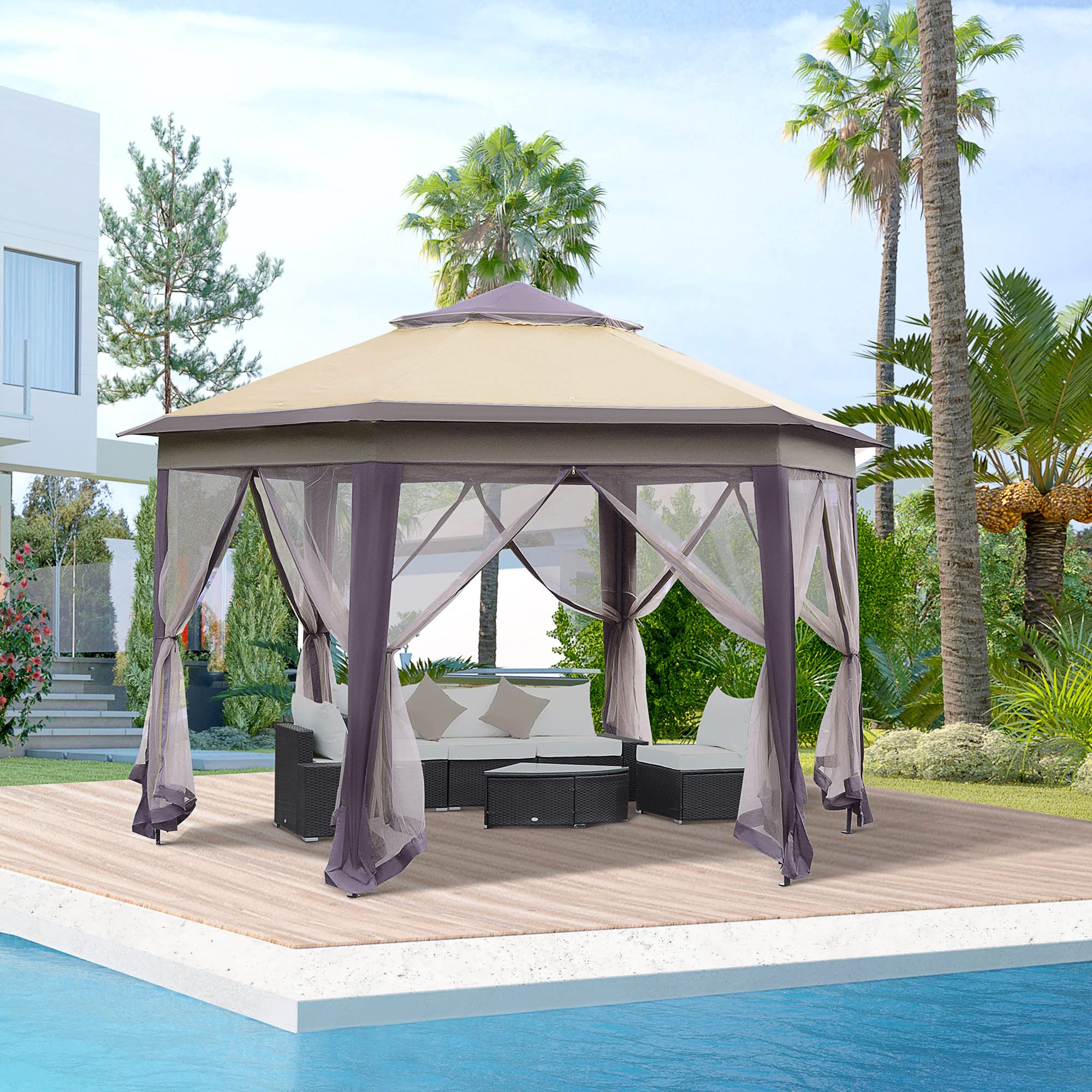 【Gazebo】13' x 13' Pop-Up Double Roof Six-Sided Pavilion with Sheltering Mesh