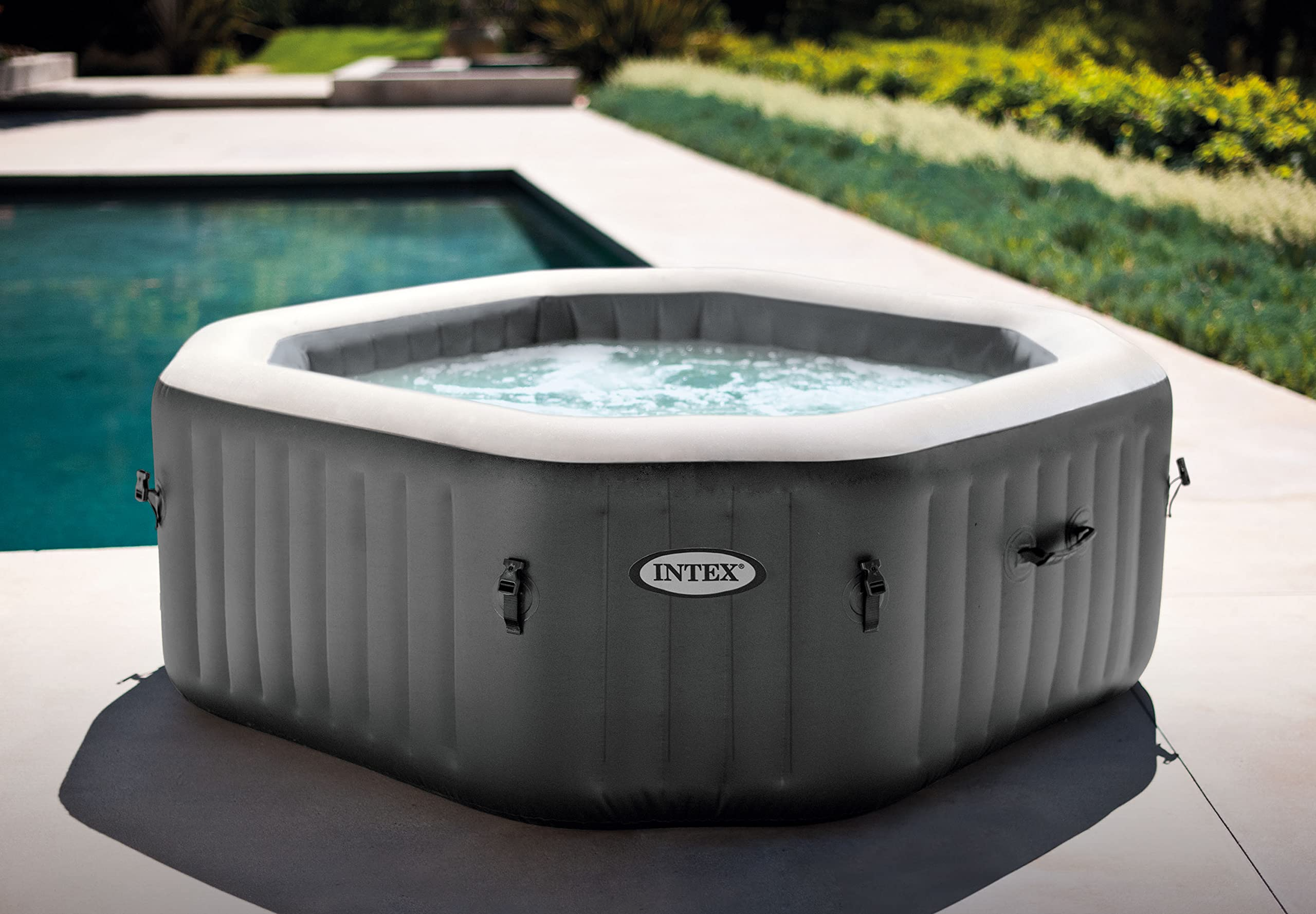 【Sports&Outdoors】PureSpa Bubble Massage Deluxe, Inflatable Spa Set, Grey, 4-Person